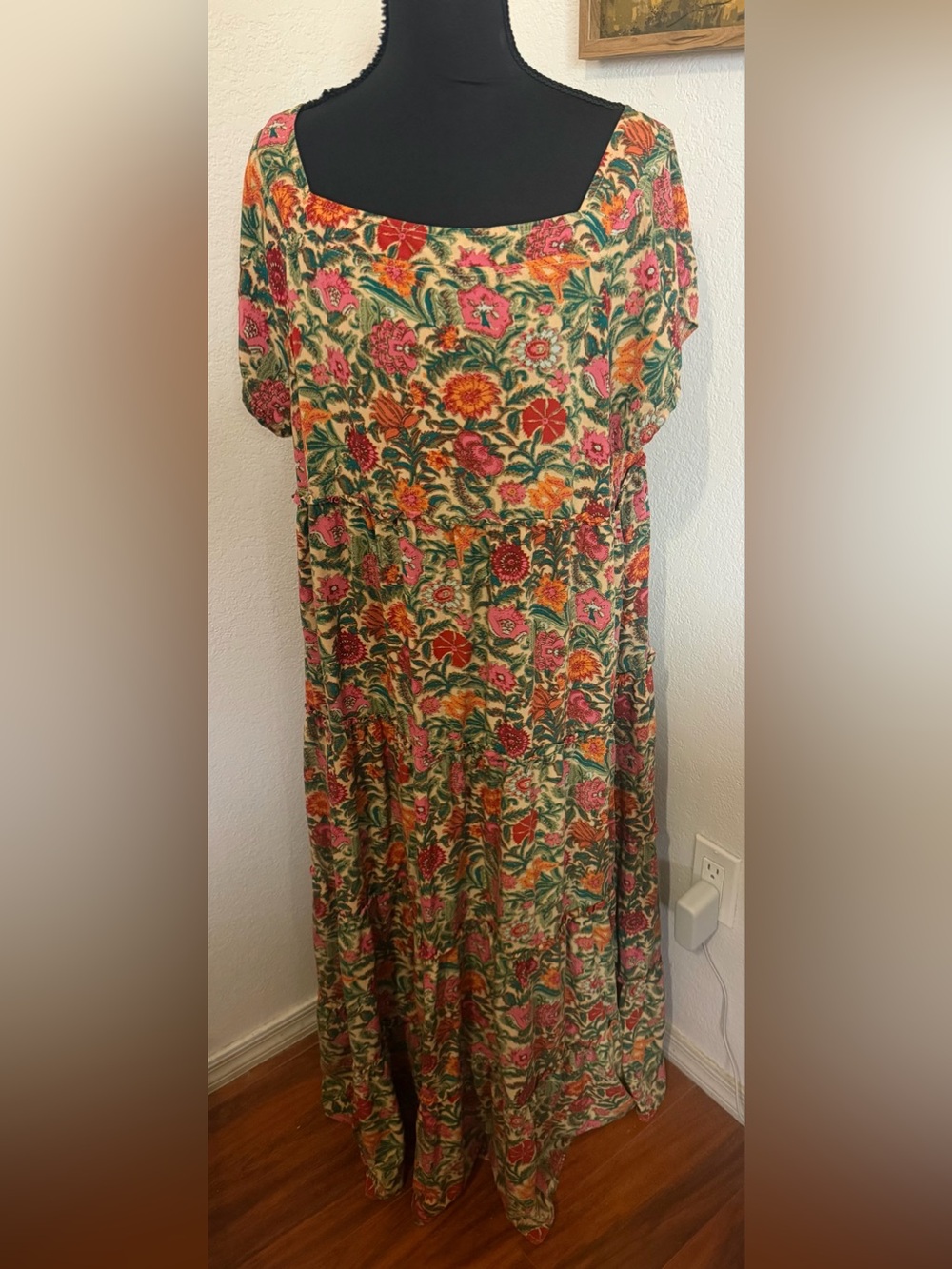 Natural Life Floral Scoop Neck Maxi Dress in Green & Pink - Size L